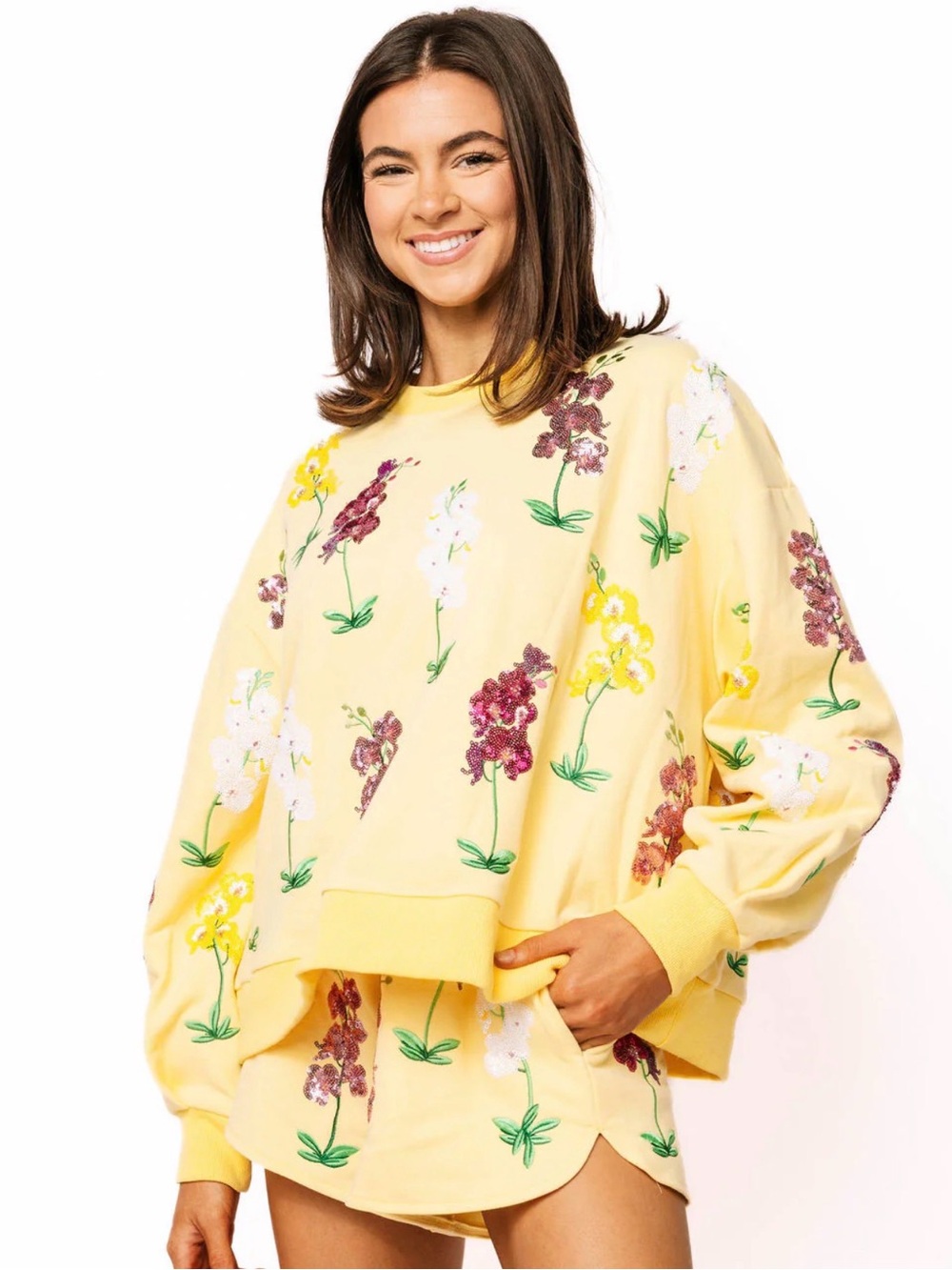 New! QUEEN OF SPARKLES Yellow Multi Sequin Iris Sweatshirt